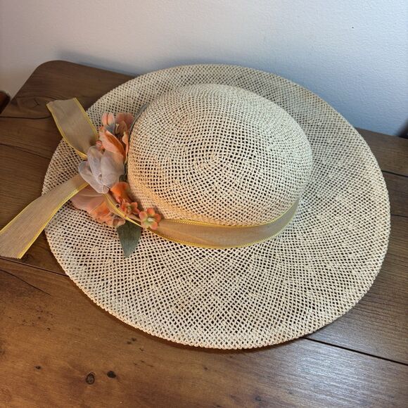VTG Cappelli Florida Woven Straw Sun Hat Floral Ribbon Classic Cottage - Picture 9 of 11